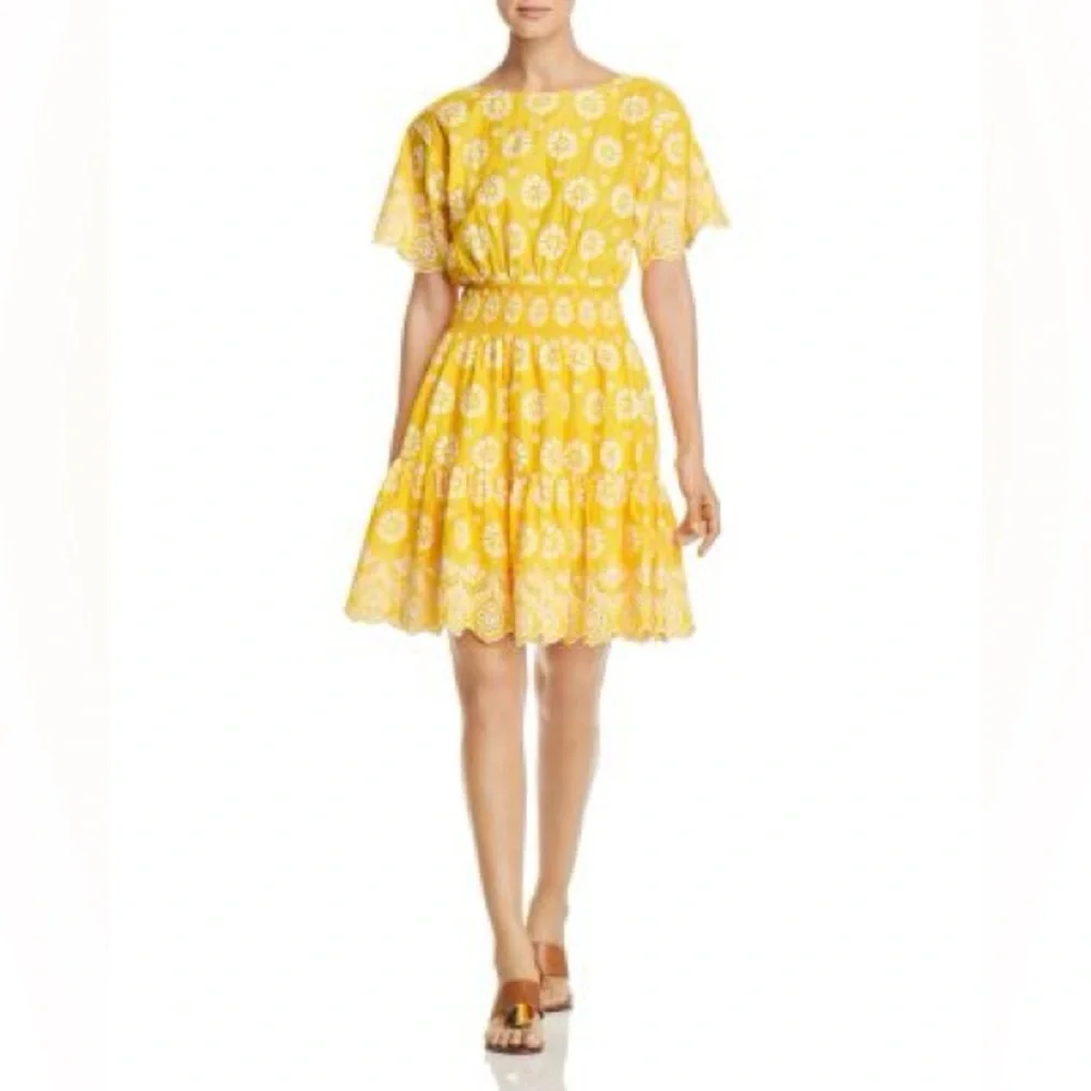 Tory Burch Embroidered Eyelet Dress in Sunlight Yellow White Women's Size 8